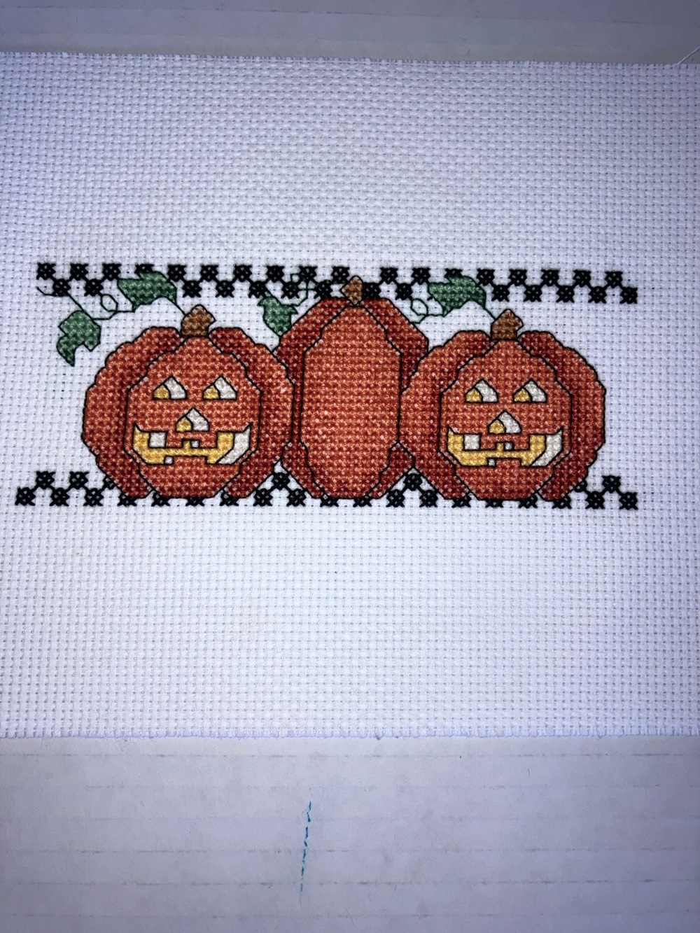 Handmade Cross Stitch Halloween Pumpkins - Orange Black 6x18 strip‎ needlepoint
